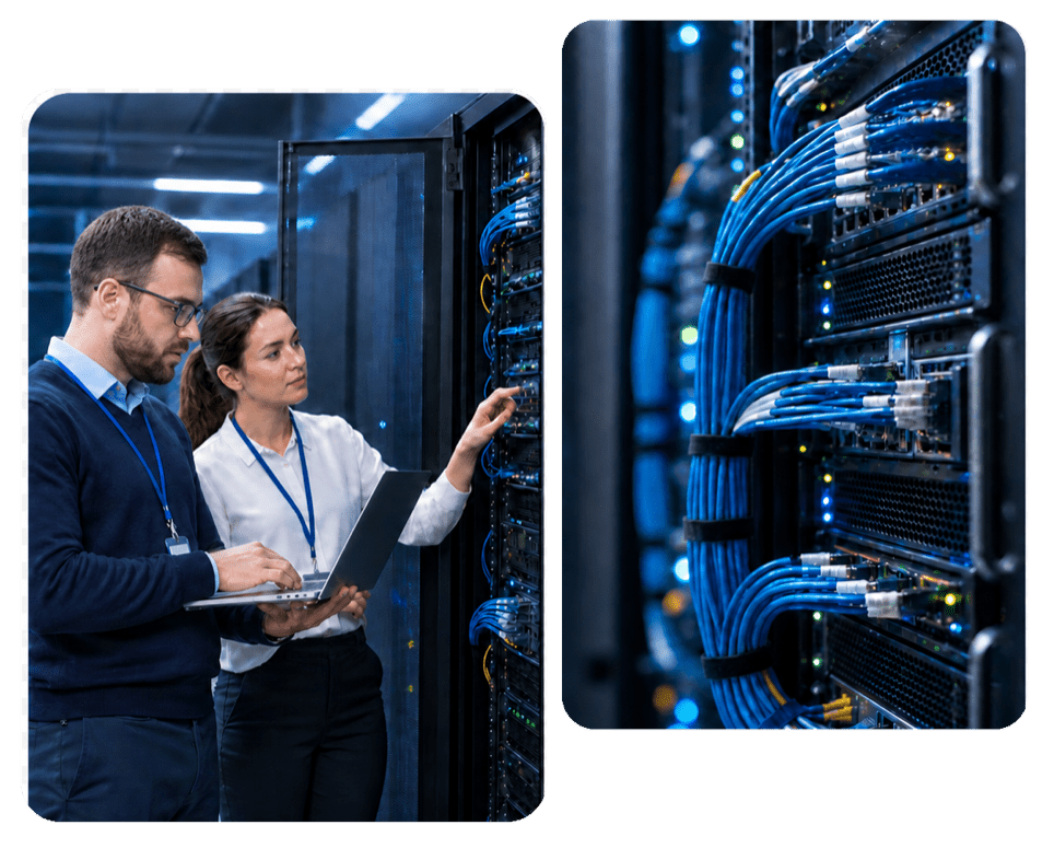 Dos técnicos de Elimática revisando servidores con un portátil en el centro de datos