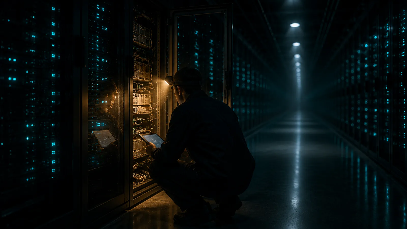 Técnico Revisando El Interior De Un Rack De Servidores Durante El Diagnóstico De Infraestructura